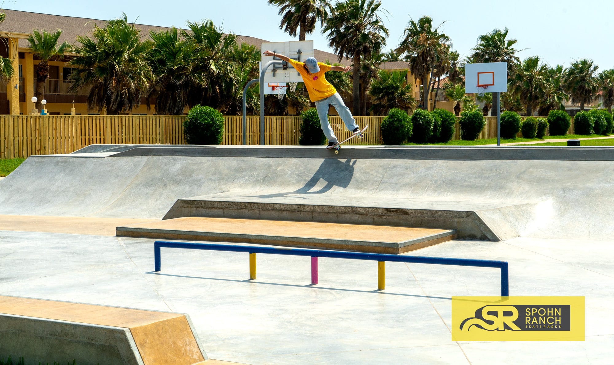 Backside 5.0 through the bank to ledge at South Padre Island Skatepark in Texas