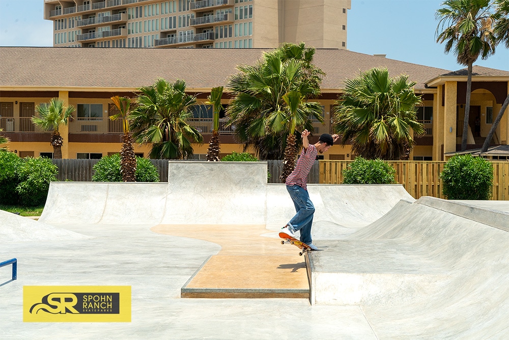 Nick Holt going the distance with a frontside crooks at South Padre Island Skatepark in Texas. Built by Spohn Ranch Skateparks