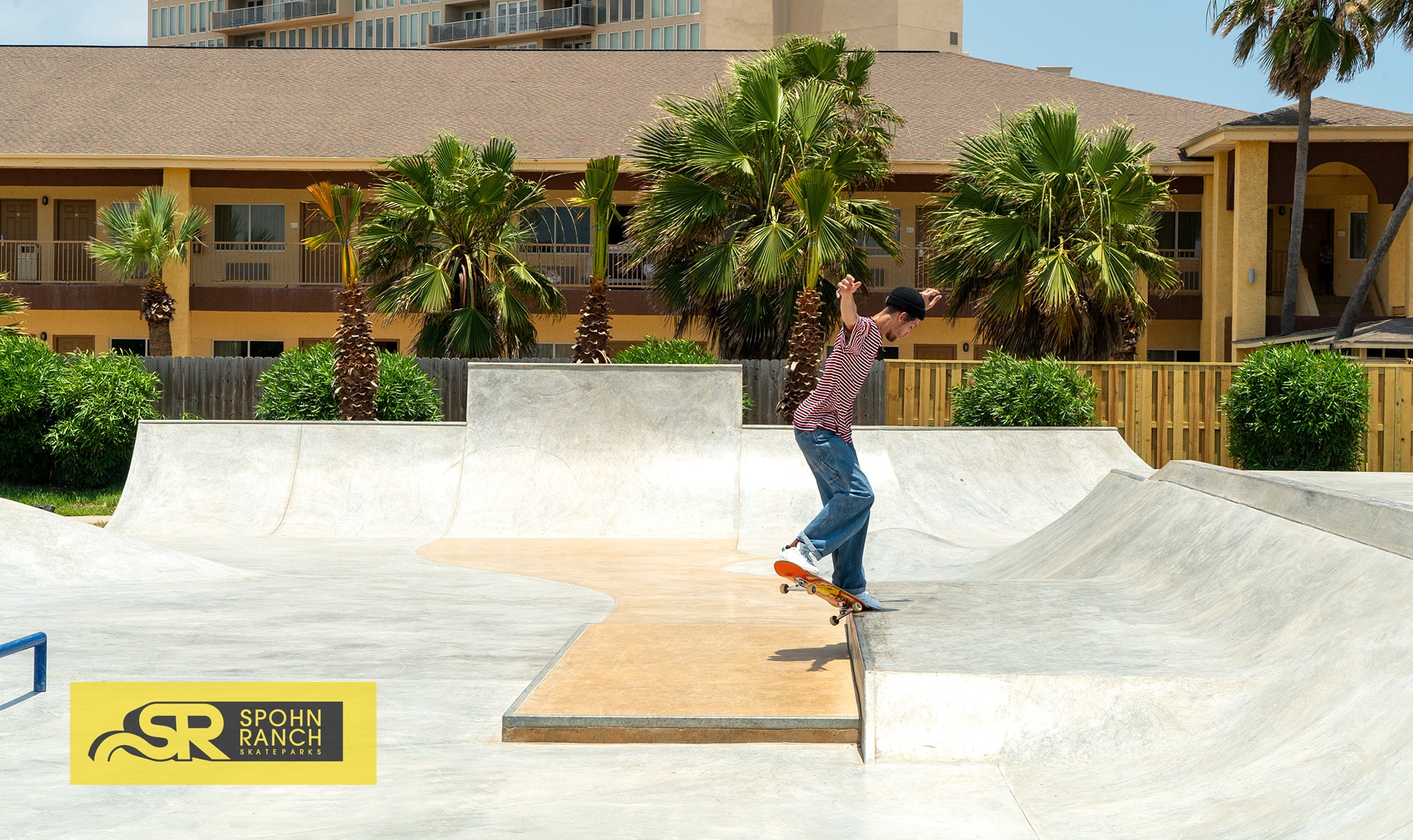 Nick Holt going the distance with a frontside crooks at South Padre Island Skatepark in Texas. Built by Spohn Ranch Skateparks