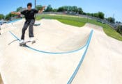 Nico with a 5.0 around the curve at Point Pleasant Beach Skatepark