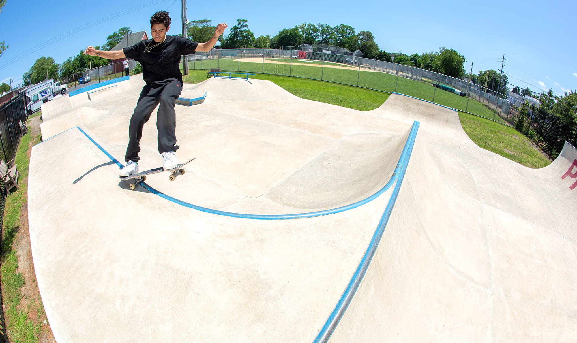 Nico with a 5.0 around the curve at Point Pleasant Beach Skatepark