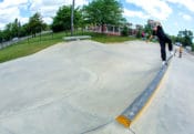 Nico blunting across the slappy curb at Toms River Skatepark, NJ