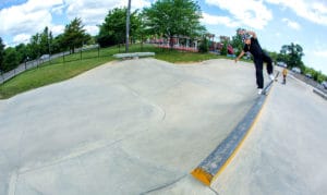 Nico blunting across the slappy curb at Toms River Skatepark, NJ