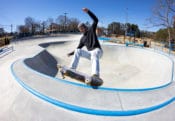 5.0 hitting the bowl cradle at Union City Georgia Skatepark designed and built by Spohn Ranch