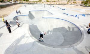 Tony Hawk grinds a backside smith grind at Spohn Ranch designed and built combi bowl at La Quinta X park