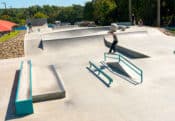 Frontside feeble on the A Frame rail at Belmont Skatepark