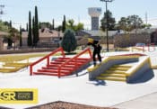 Boardslide through the skatepark at Horizon City Skatepark street course built by Spohn Ranch Skateparks