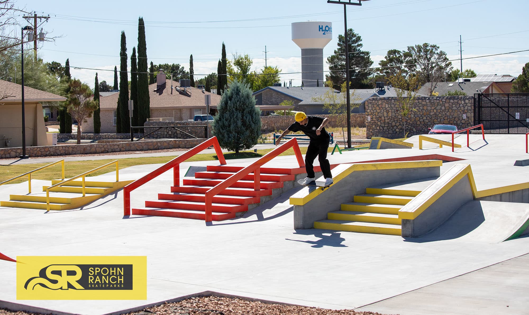 Boardslide through the skatepark at Horizon City Skatepark street course built by Spohn Ranch Skateparks