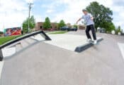 Slappy Feeble on the slappy curb at Cullman Skatepark in Cullman Alabama into the bank