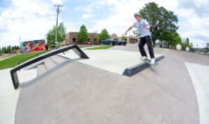 Slappy Feeble on the slappy curb at Cullman Skatepark in Cullman Alabama into the bank