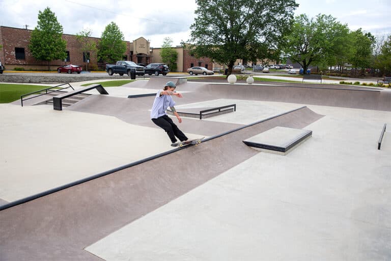 Feeble at Cullman Skatepark with a hubba, bowl, Manny pad, slappycurb, handrail