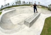 Smith grind flow bowl with extension at Panama Beach Florida by newly built Spohn Ranch Skatepark design and build