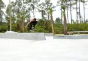 Fatty kickflip over the large bank to wall at Spohn Ranch built in Panama City, Florida at the Bay County Skatepark