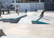 Feeble grind on the slappy curb at the Redondo Beach Skatepark.