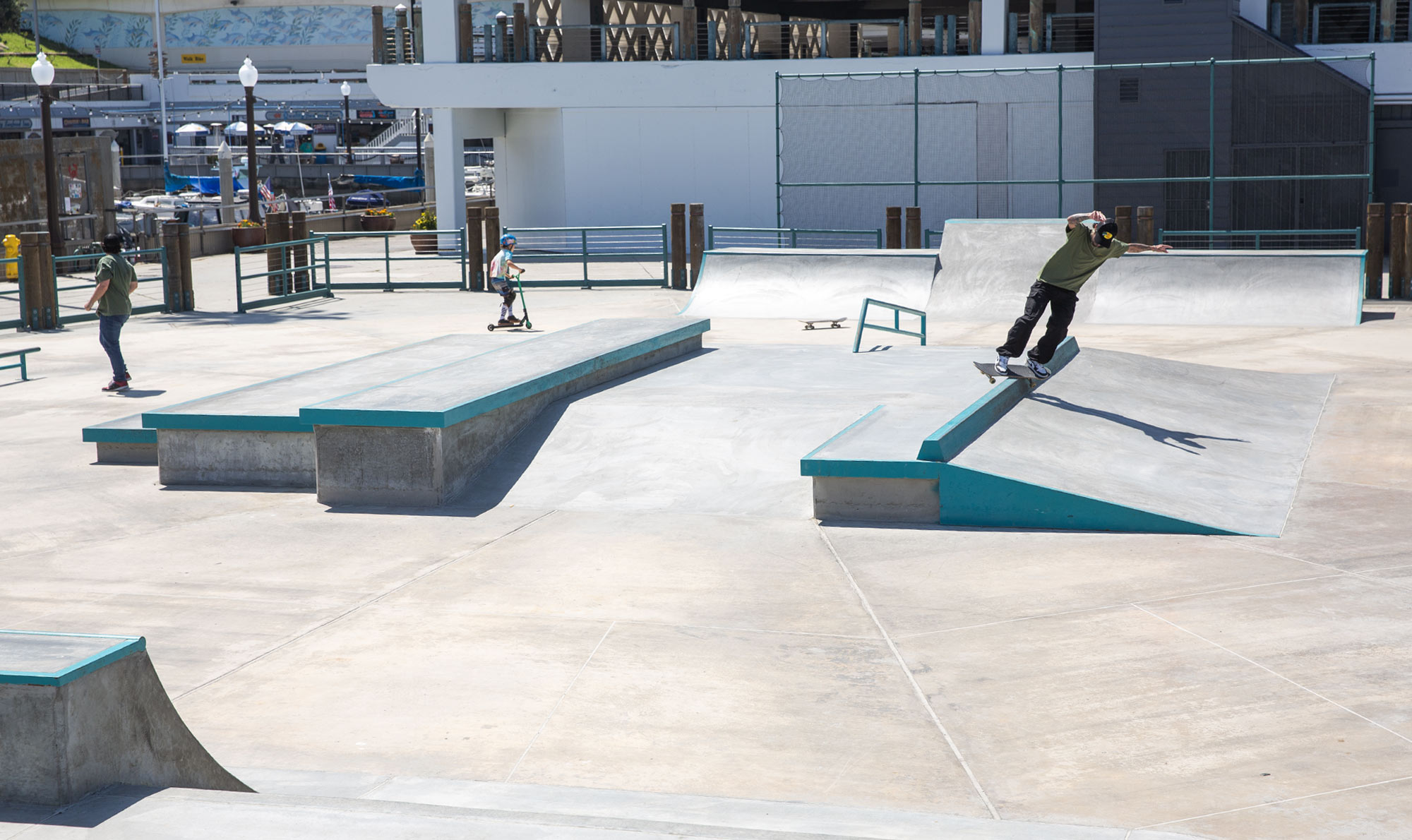 Feeble grind on the slappy curb at the Redondo Beach Skatepark.