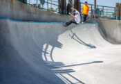Spohn Ranch designed and built Redondo Beach Skatepark comes complete with a massive transition built against the pier wall.