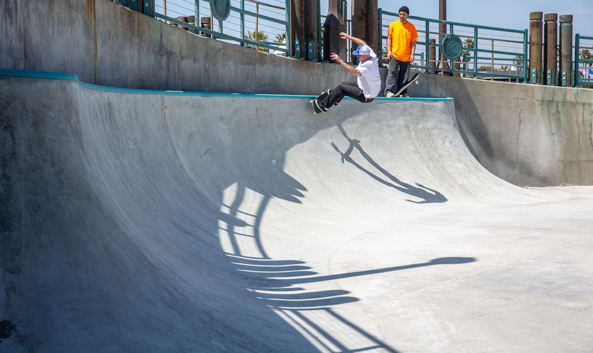 Spohn Ranch designed and built Redondo Beach Skatepark comes complete with a massive transition built against the pier wall.