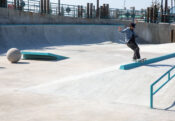 Chocolate Skateboards professional Kenny Anderson frontside feeble at the Redondo Beach Pier Skatepark slappy curb. Designed and built by Spohn Ranch