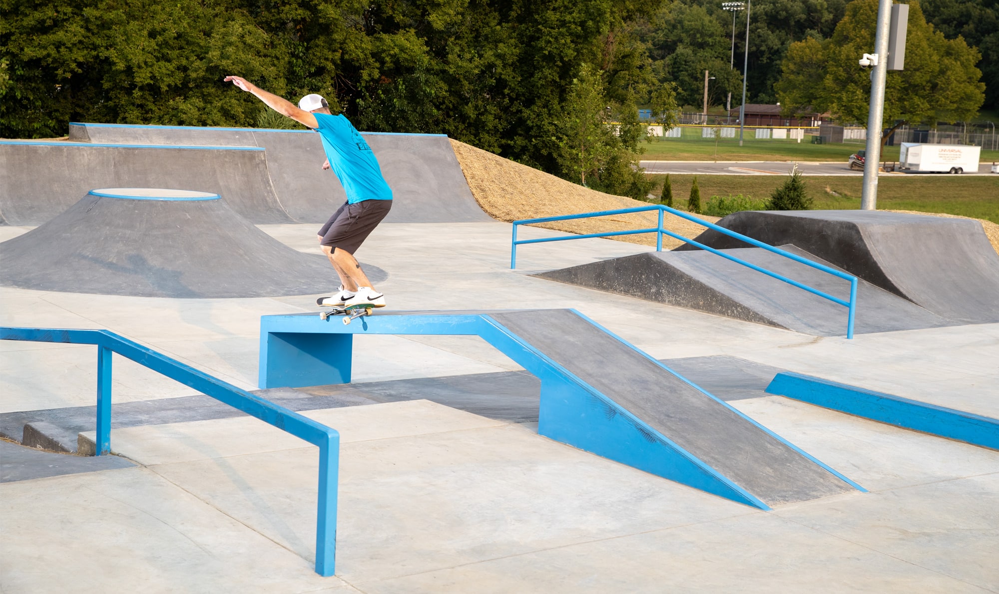 Backside 5050 on the hubba at Spohn Ranch's designed and built skatepark in Cottage Grove, WI